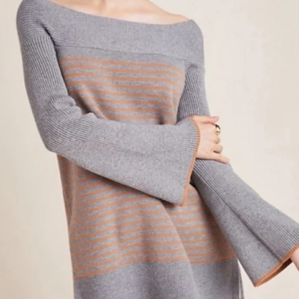 Anthropologie Elise Gray Orange Stripe Sweater Tunic Off the Shoulder